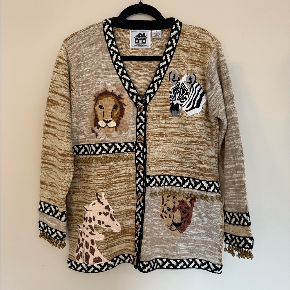Vintage Storybook Knits Beige Neutral Animal Safari Cardigan Sweater Size Small